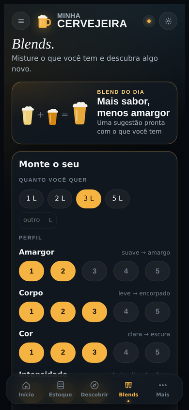 Tela de blends, com o perfil desejado e a sugestão de mistura