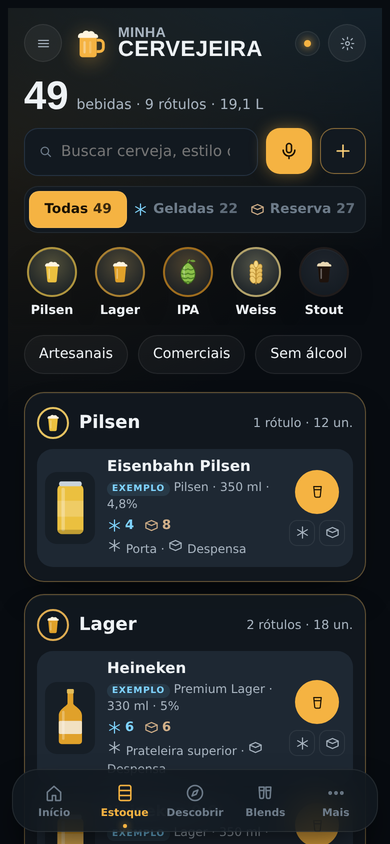 Tela de estoque com a lista de cervejas, quantas estão geladas e quantas na reserva