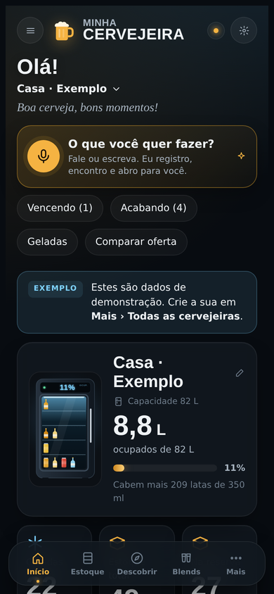 Tela inicial do app, com a cervejeira desenhada e a ocupação em litros